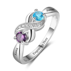 Bague infini Céleste en argenté avec deux prénoms gravés et deux pierres de naissance bleue et violette