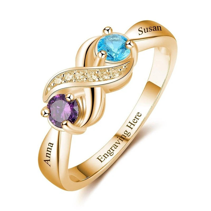 Bague infini Céleste en doré avec deux prénoms gravés et deux pierres de naissance bleue et violette