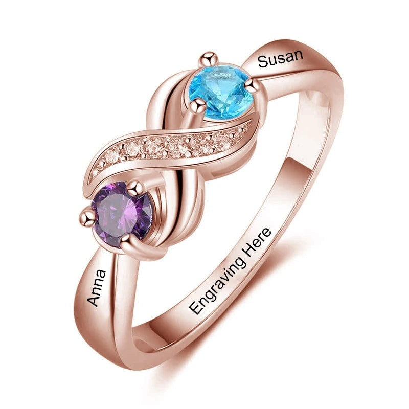 Bague infini Céleste en finition dorée rose, avec deux prénoms gravés et deux pierres de naissance bleue et violette