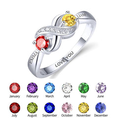 Bague infini Céleste en argenté avec pierres rouge et jaune, guide des pierres de naissance et prénoms gravés